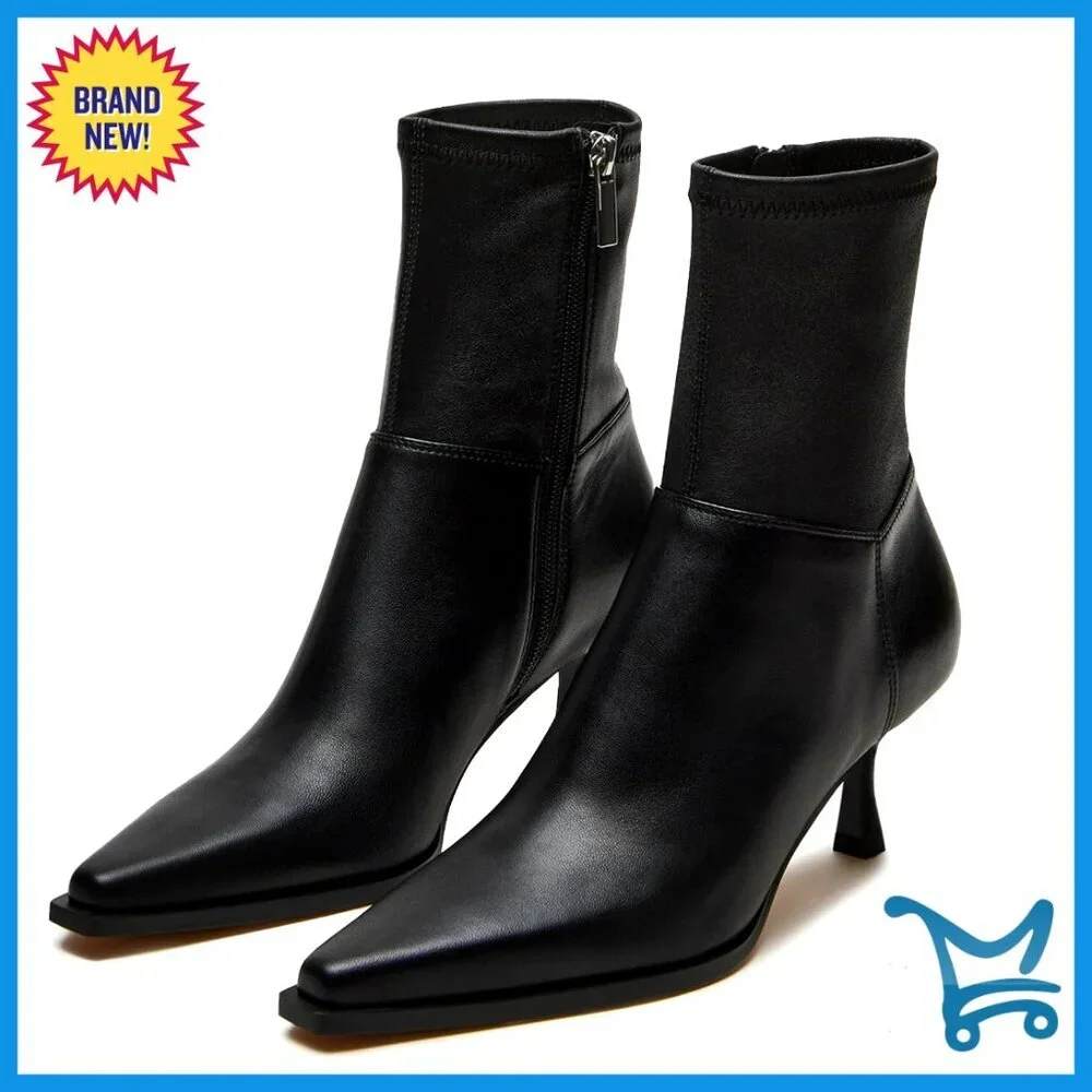Pointed Toe Kitten Heel Ankle Boots with Side Zipper, Leather