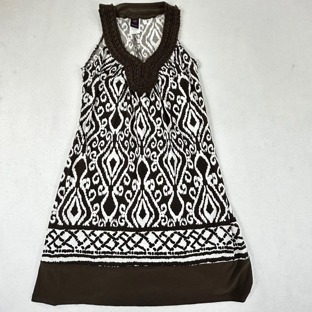Wrapper Women's Brown White Ikat Print V Neck Sleeveless‎ Dress Size Small