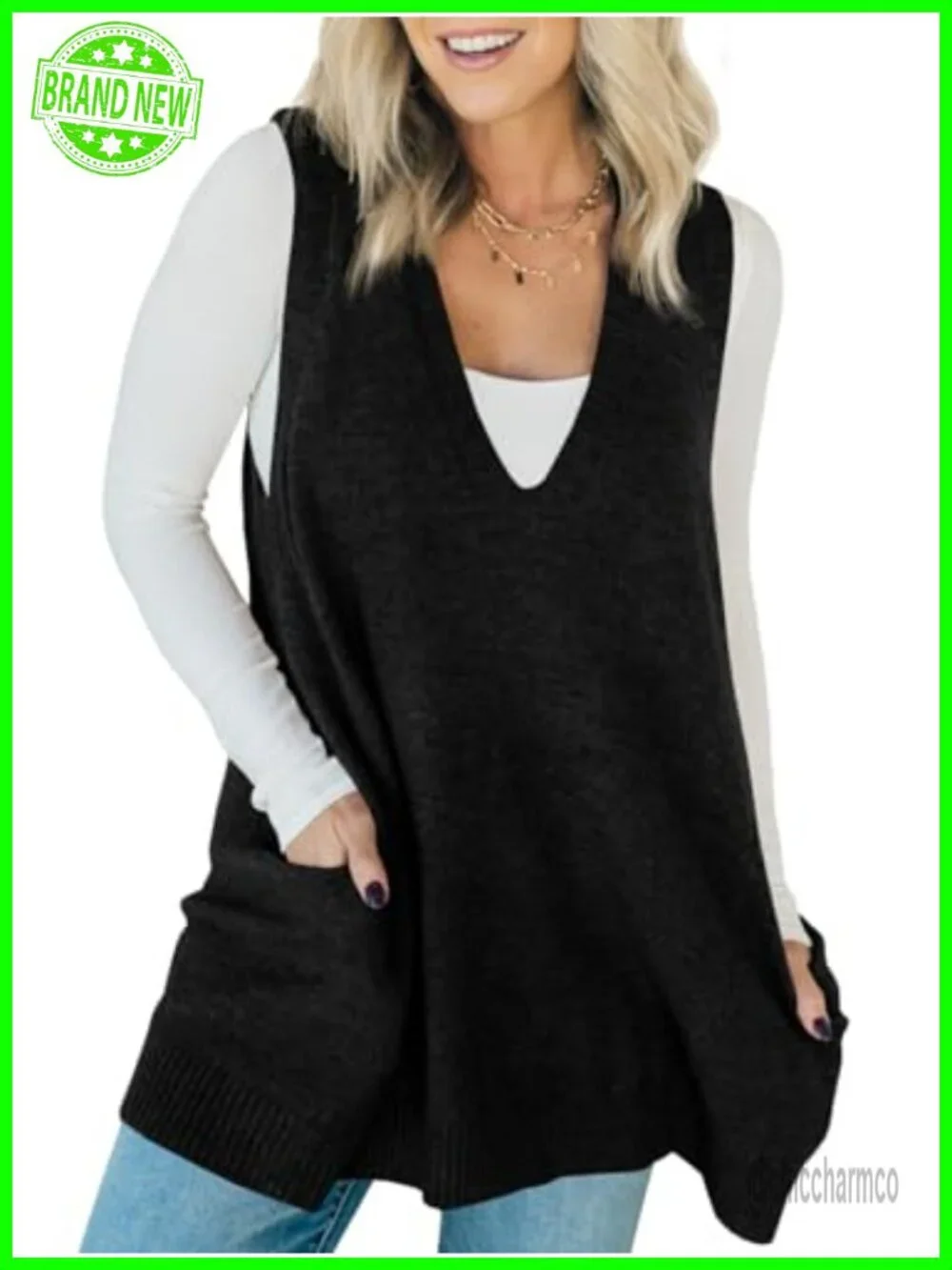 Sleeveless Sweater Vest V Neck Knit A Line Flattering Tunic Top with Pockets
