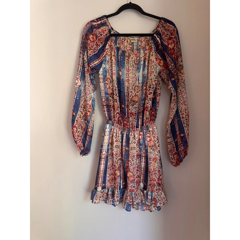 Show Me Your Mumu Womens Paisley Floral Smocked Mini Dress Blue Red Small USA