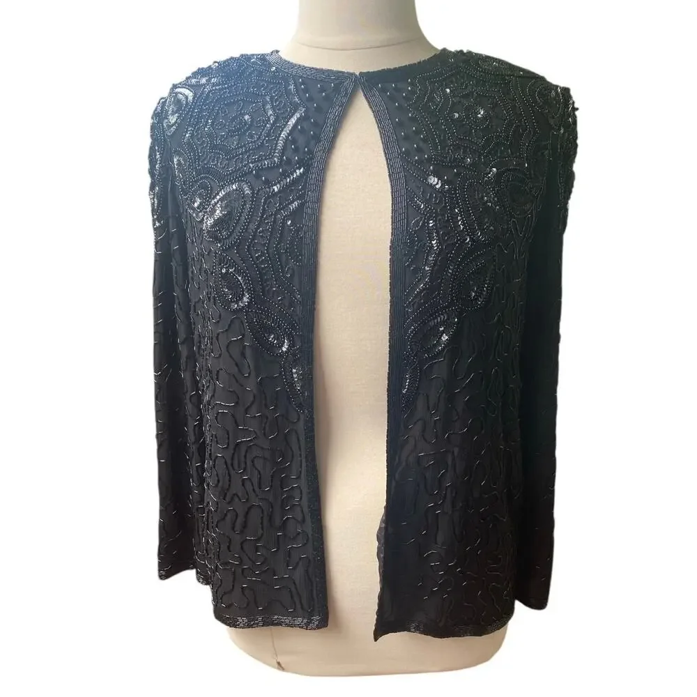 Adrianna Papell Evening Black Silk Beaded Jacket XL Sequins Formal Event Holiday