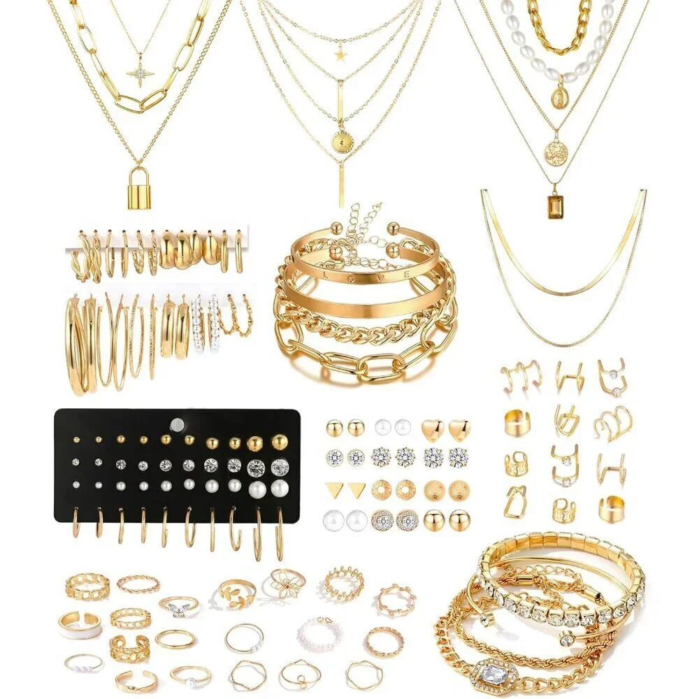 Golden Jewelry Set Women 124 pcs Layered Necklaces Bracelets Rings Earrings