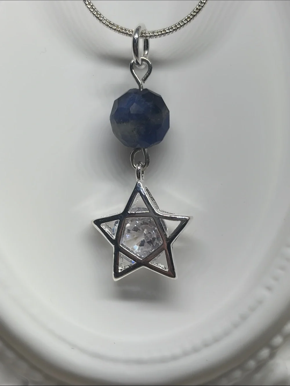Handmade Sterling Silver Lapis Lazuli Star Necklace 925 Box Chain Celestial CZ