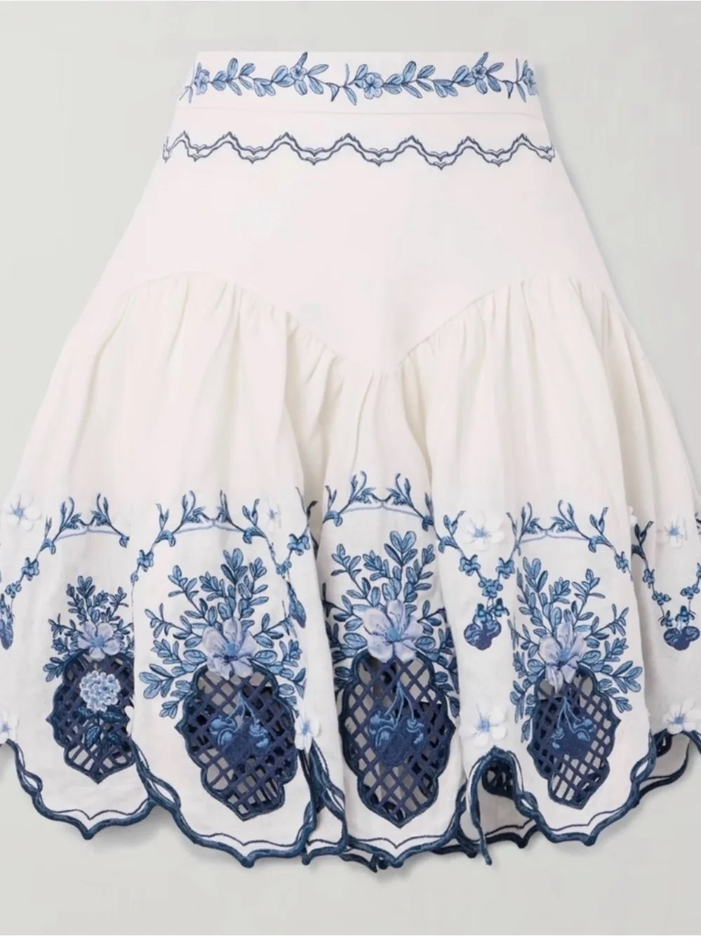 Agua Bendita White & Blue Embroidered  Skirt