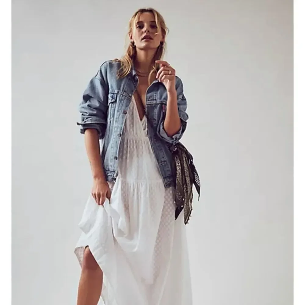Free People Like Air Midi Dress Endless Summer Jacquard Puff Sleeve