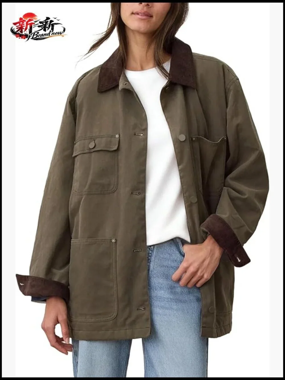 Oversized Utility Barn Jacket with Corduroy Collar and Pockets