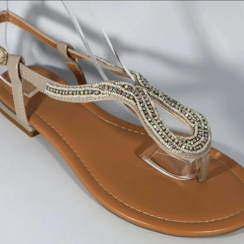 Maurices Beaded Women's Fashion Thong Strappy Sandals, Beige Size 7