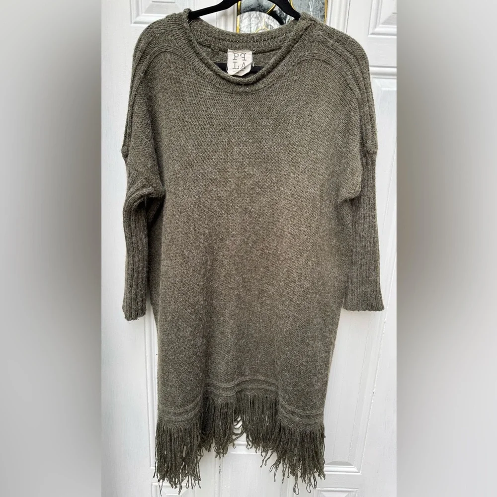 PPLA Haywood Fringe Sweater Tunic Olive Sage Green 3/4 Sleeves womens size M / L