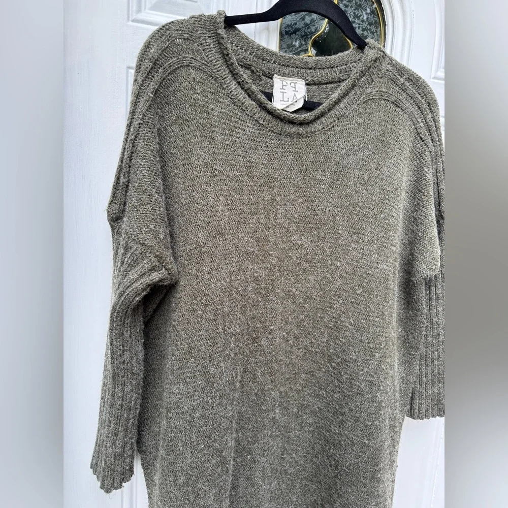 PPLA Haywood Fringe Sweater Tunic Olive Sage Green 3/4 Sleeves womens size M / L