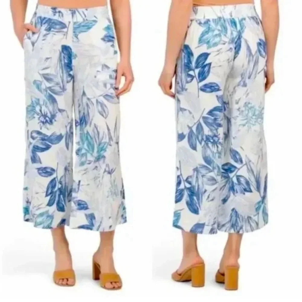 C&C California Cropped Wide Leg Linen Pants Blue Floral Tropical Large