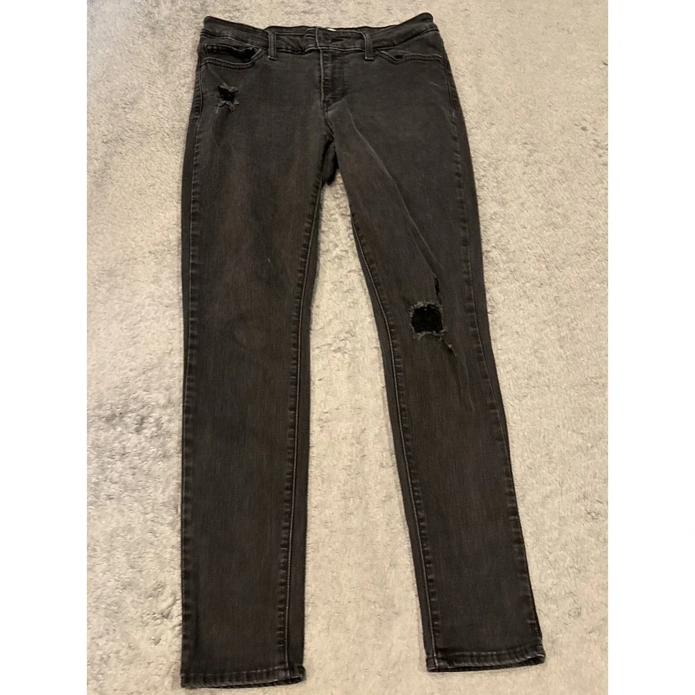 Levis 711 Skinny Jeans Womens 29 Faded Black Distressed Ripped Mid Rise Denim