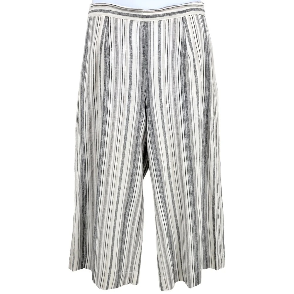 Beach‎ lunch lounge wide leg cropped linen pants Grey white Faded Stripes Size M