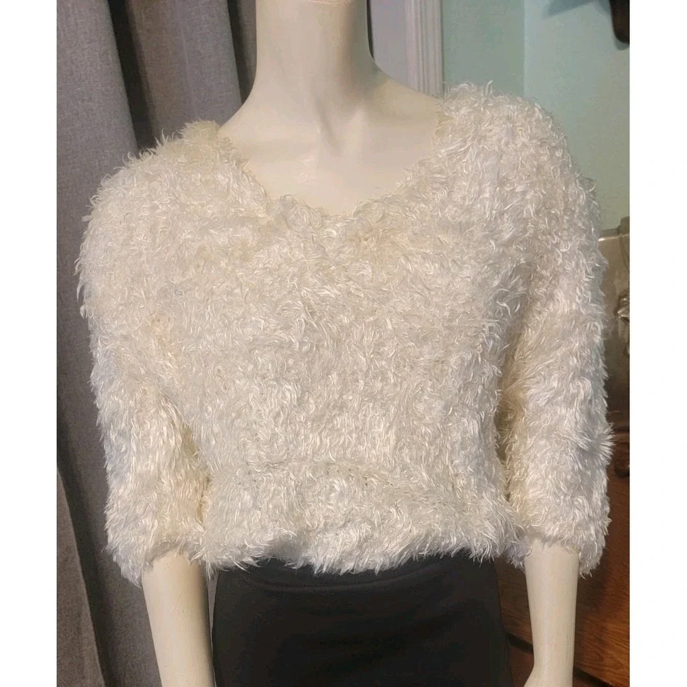Vtg 90s Side Effects Ivory Hand Knit Fuzzy Eyelash‎ Sweater Women Size M  Y2K
