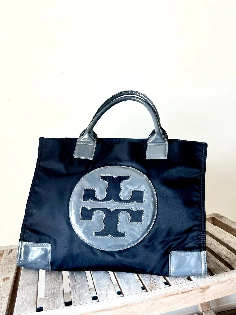 Tory Burch Ella Tote - Large Black Nylon Shoulder Bag with Patent Logo