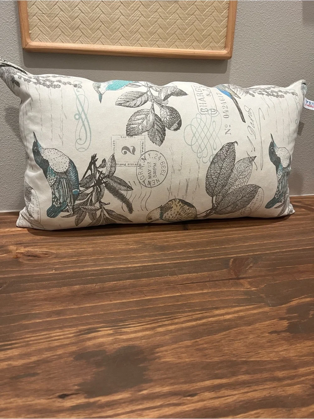 Decorative Bird Print Lumbar Pillow - Teal and Gray