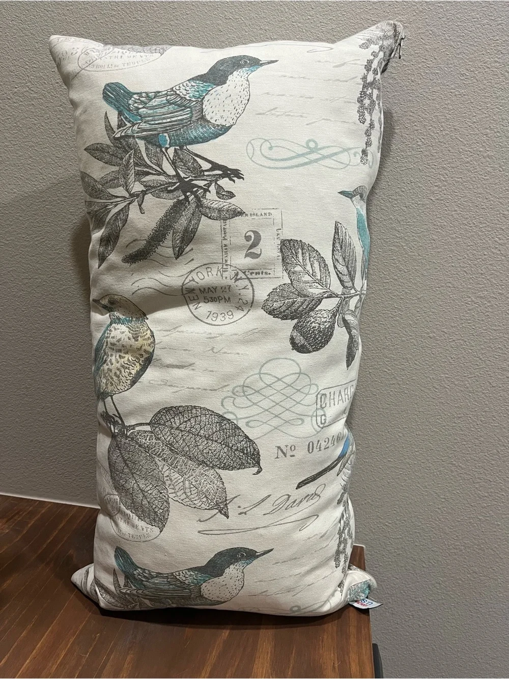 Decorative Bird Print Lumbar Pillow - Teal and Gray