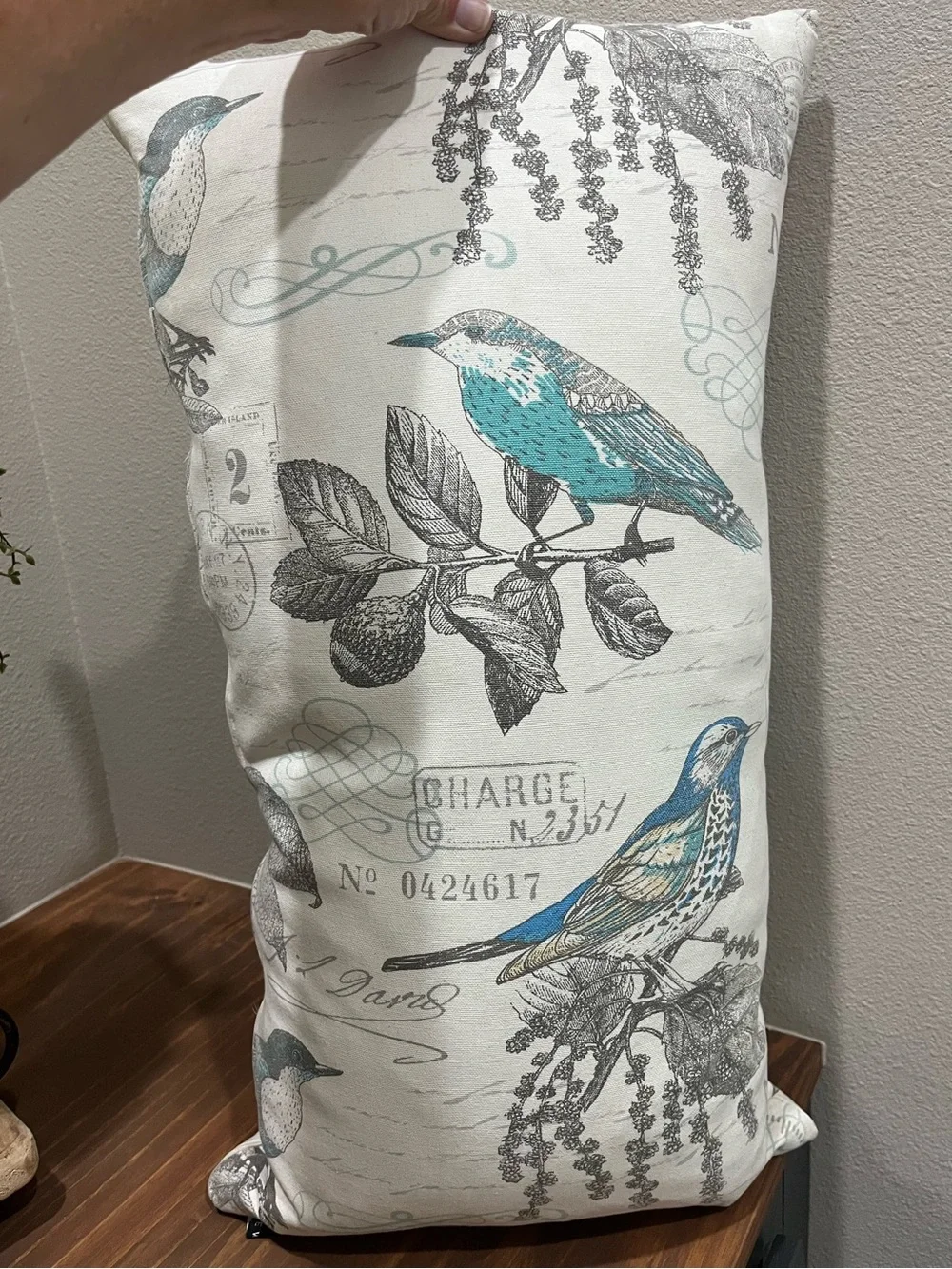 Decorative Bird Print Lumbar Pillow - Teal and Gray