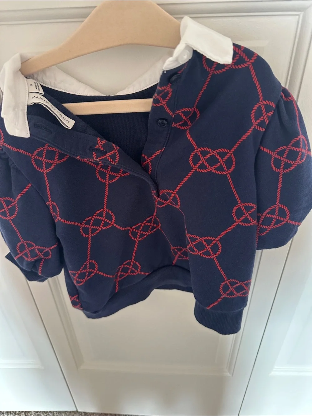 Janie and Jack Navy Sweatshirt with White Peter Pan Collar and Red Rope Print