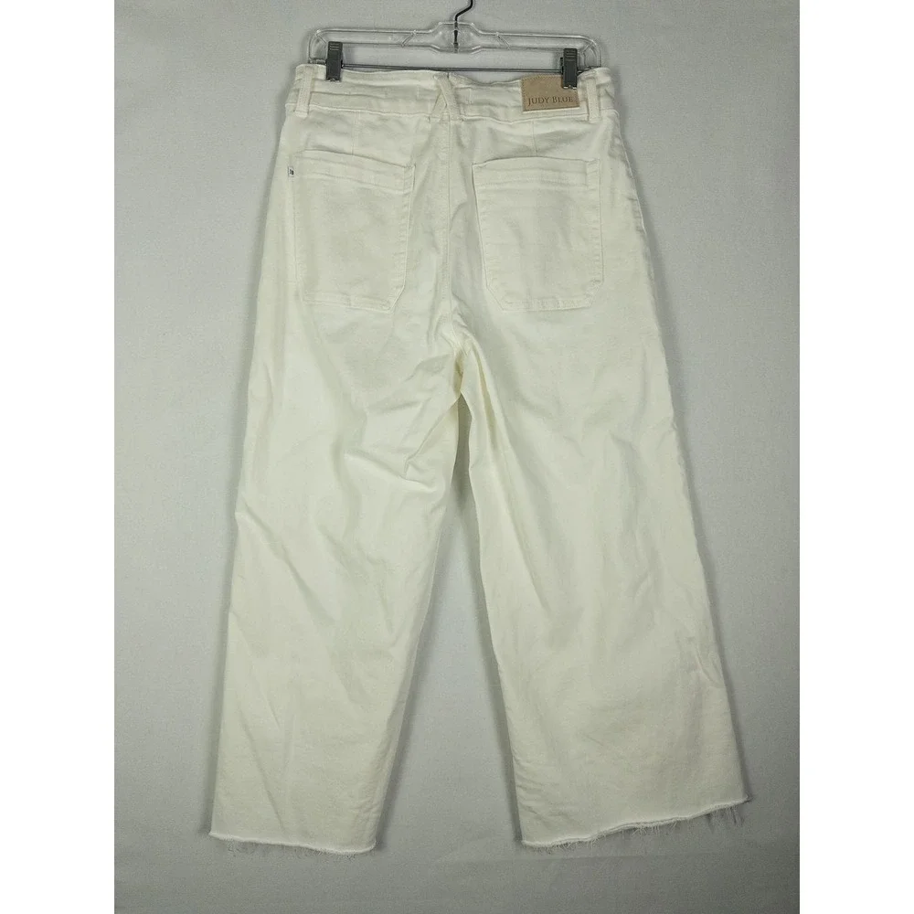Judy Blue Wide Leg Crop Jeans Womens 11/30 Ivory Raw Hem Patch Pocket Coastal