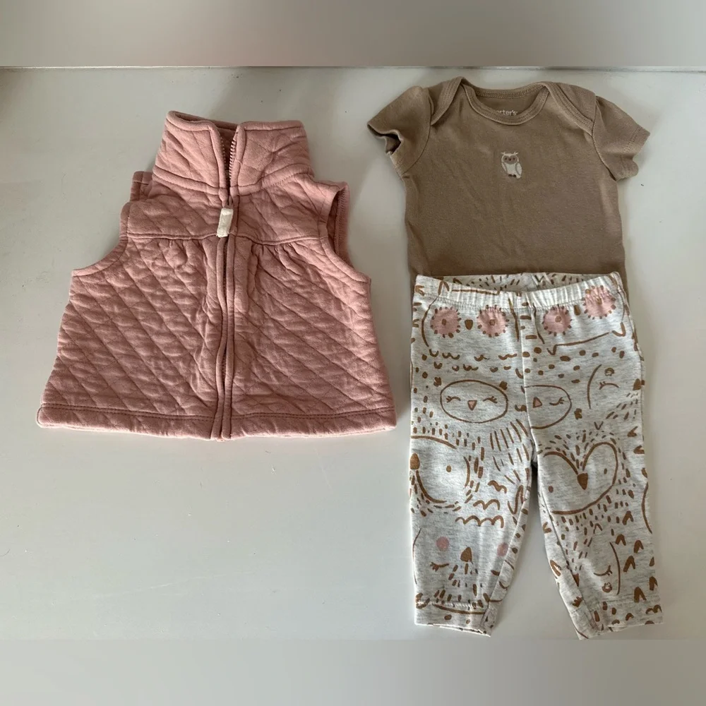 Carter’s 3M 3-Piece Matching Baby Girl Owl Outfit - Bodysuit, Leggings, & Vest