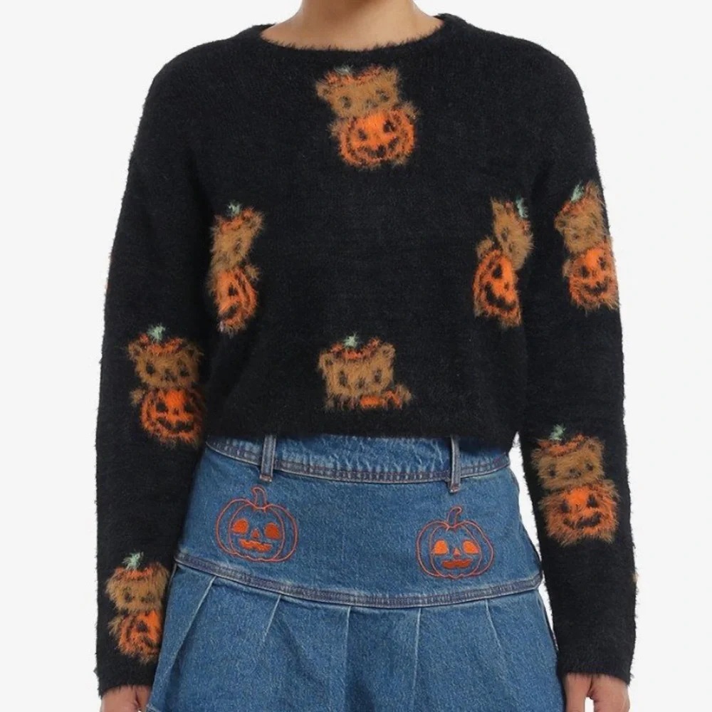 Sweet Society‎ Teddy Pumpkin Fuzzy Crop Sweater Hot Topic Halloween