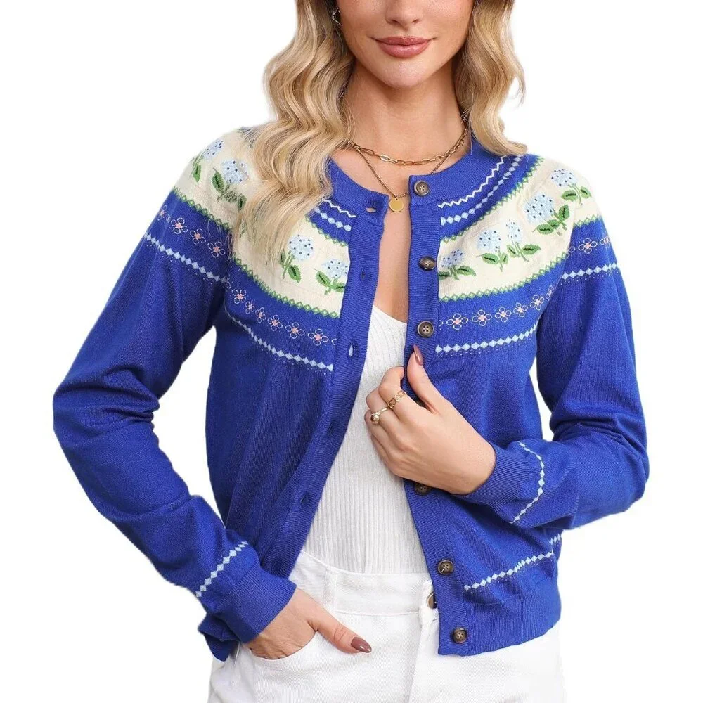 Women's Long Sleeve Knit Cardigan Floral Print Button Front Crew Neck