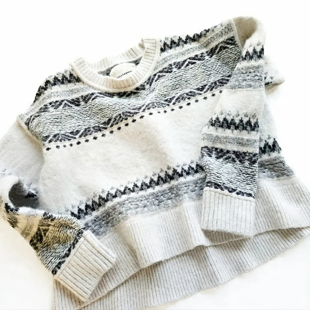 Lucky Brand Ivory and Charcoal Knit‎ Peplem Fair Isle Sweater Alpaca Wool