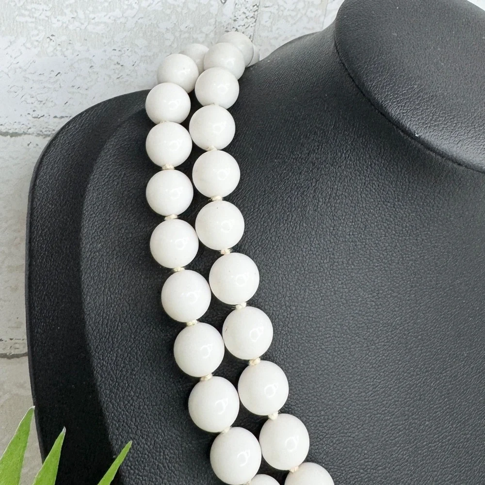 Vintage 60s Japan White Lucite Double Strand Hand Knotted Statement Necklace