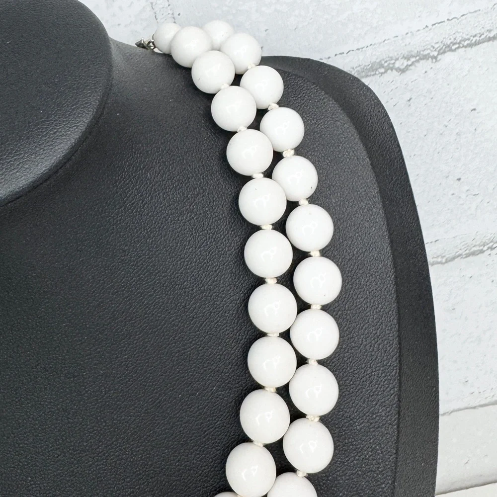 Vintage 60s Japan White Lucite Double Strand Hand Knotted Statement Necklace