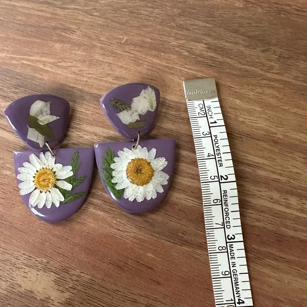 Handmade Purple Enamel Painted Flower Drop Earrings