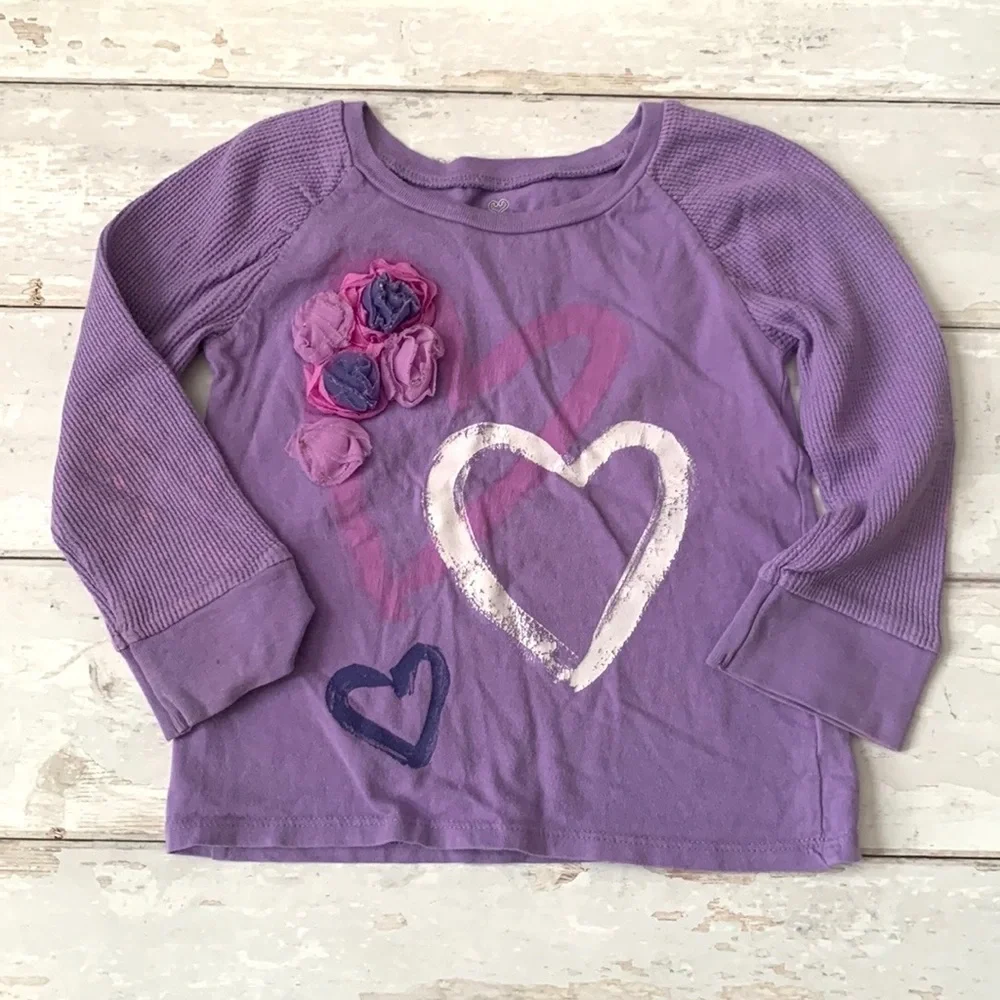 Old Navy 2T Girls Toddler Purple Long Sleeve Heart Print Shirt Cotton Thermal