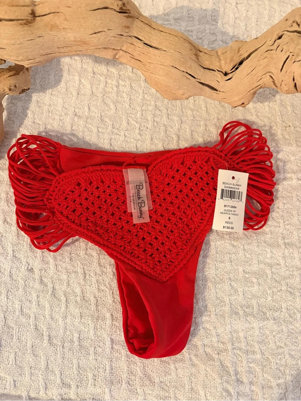 Beach Bunny Red Crochet Heart Bikini Bottom with Fringe