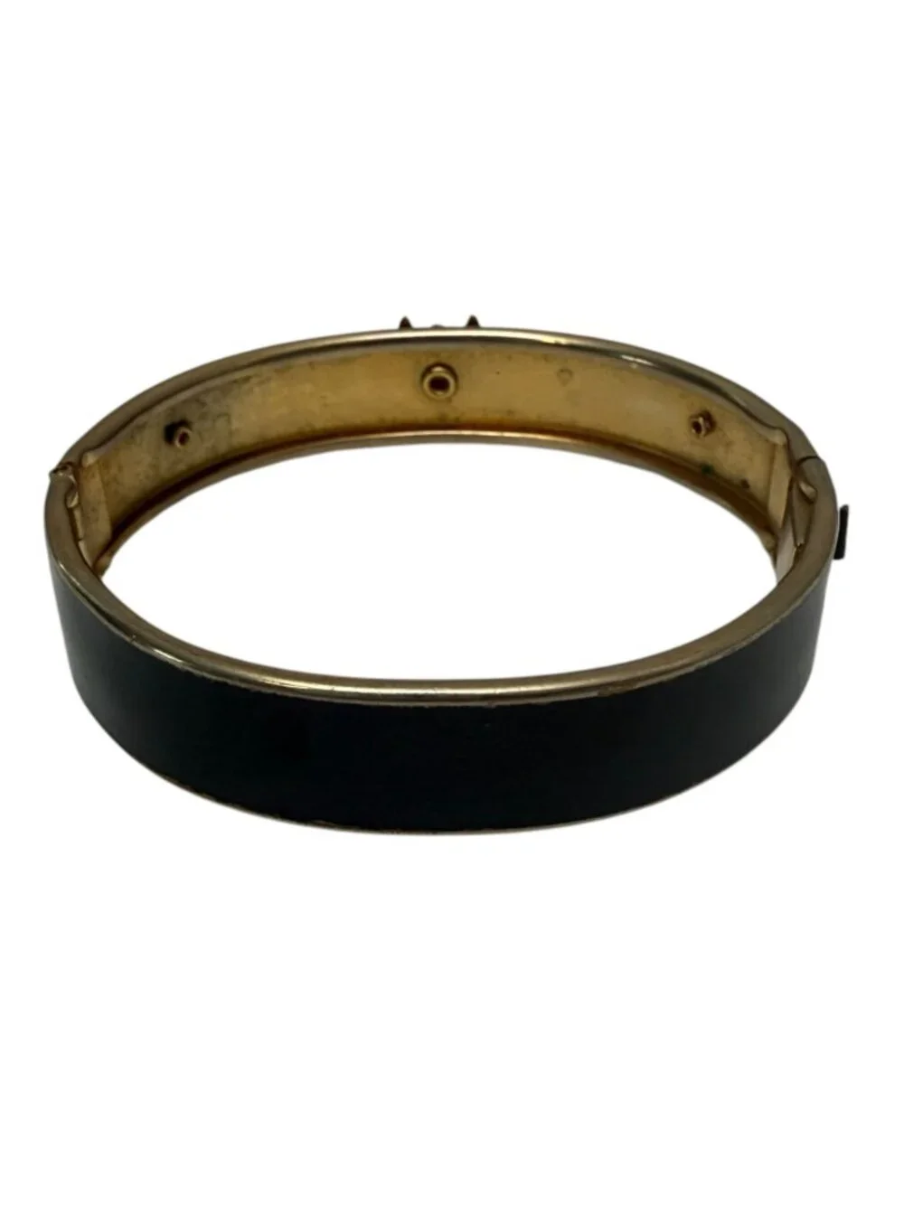 Vintage Victorian Revival Bangle Bracelet Black Enamel Faux Pearl Goldplate