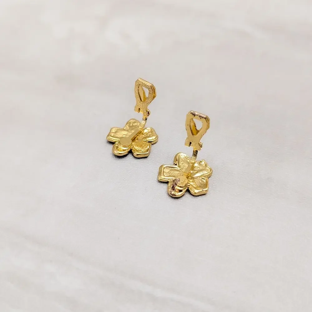 Black Enamel Small Flower Small with Clear Gem Accents Clip On Earrings