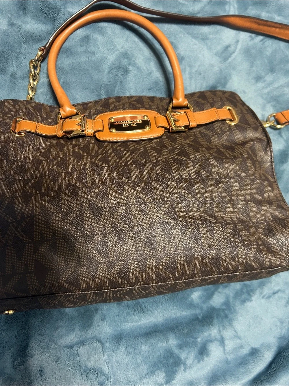 Michael Kors Brown MK Logo Satchel with Tan Handles
