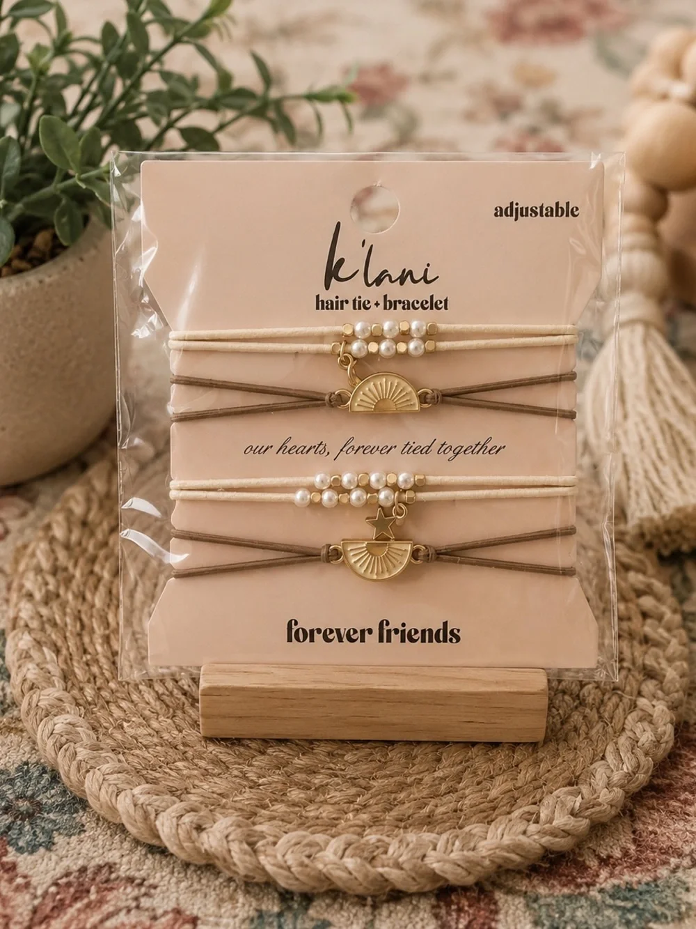 Klani Pearl & Gold Sun Charm Adjustable Hair Tie Bracelet Set - Cream & Brown