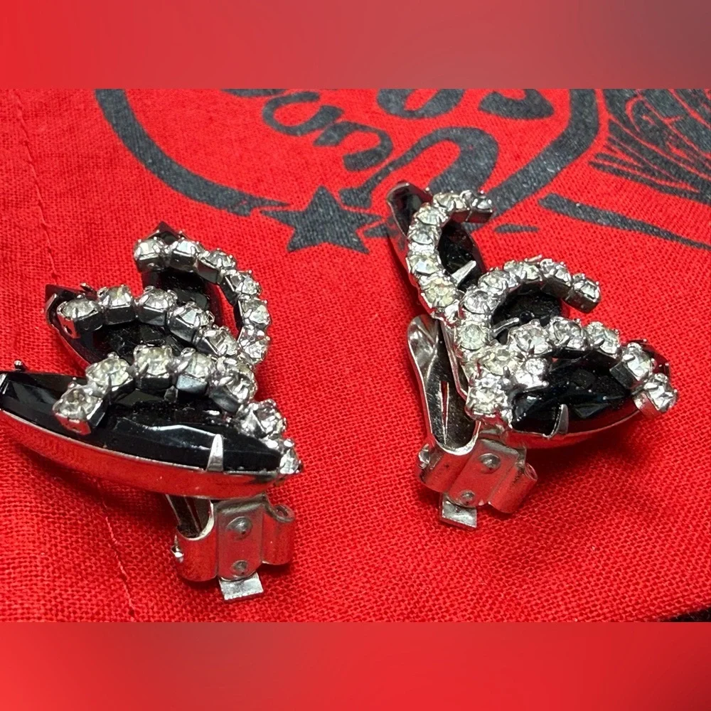 Vintage Black & Clear Rhinestones Silve-tone Clip On Earrings Open‎ Back Prongs