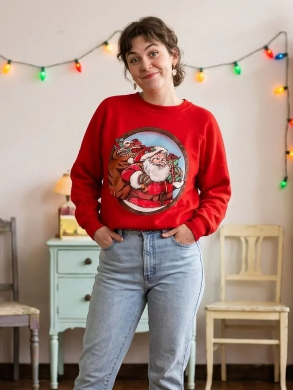 Vintage 80's Santa Claus Christmas Sweatshirt Retrocore Kidcore Festive Large