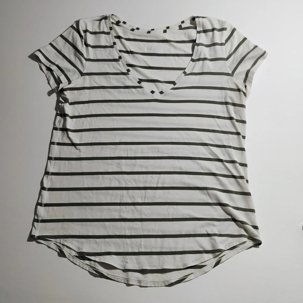 Lululemon Striped V Neck Tee White Green Athletic Yoga Top