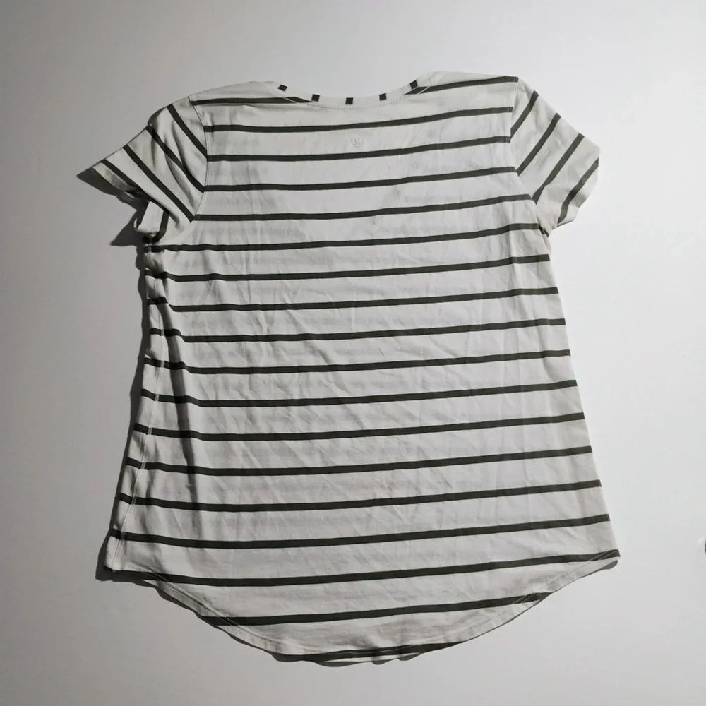 Lululemon Striped V Neck Tee White Green Athletic Yoga Top