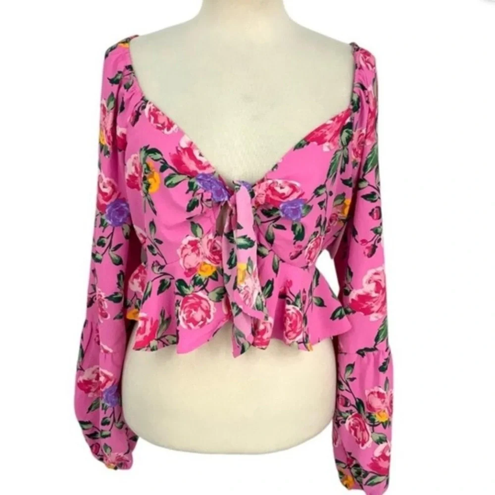 Vero Moda Nya Catch top‎ Medium Barbie pink floral tie bust babydoll crop NWT