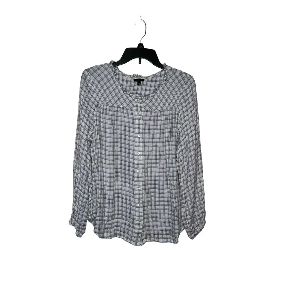 Talbots Women's Top‎ Ruffle Neck Plaid Rayon Button Long Sleeve Pink/Gray Large