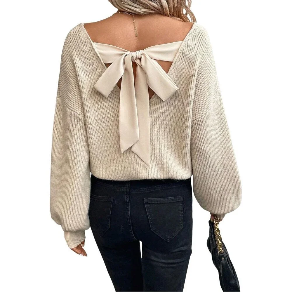 V Neck Sweater Women Off Shoulder Fitted Long Sleeve Knit Top Large