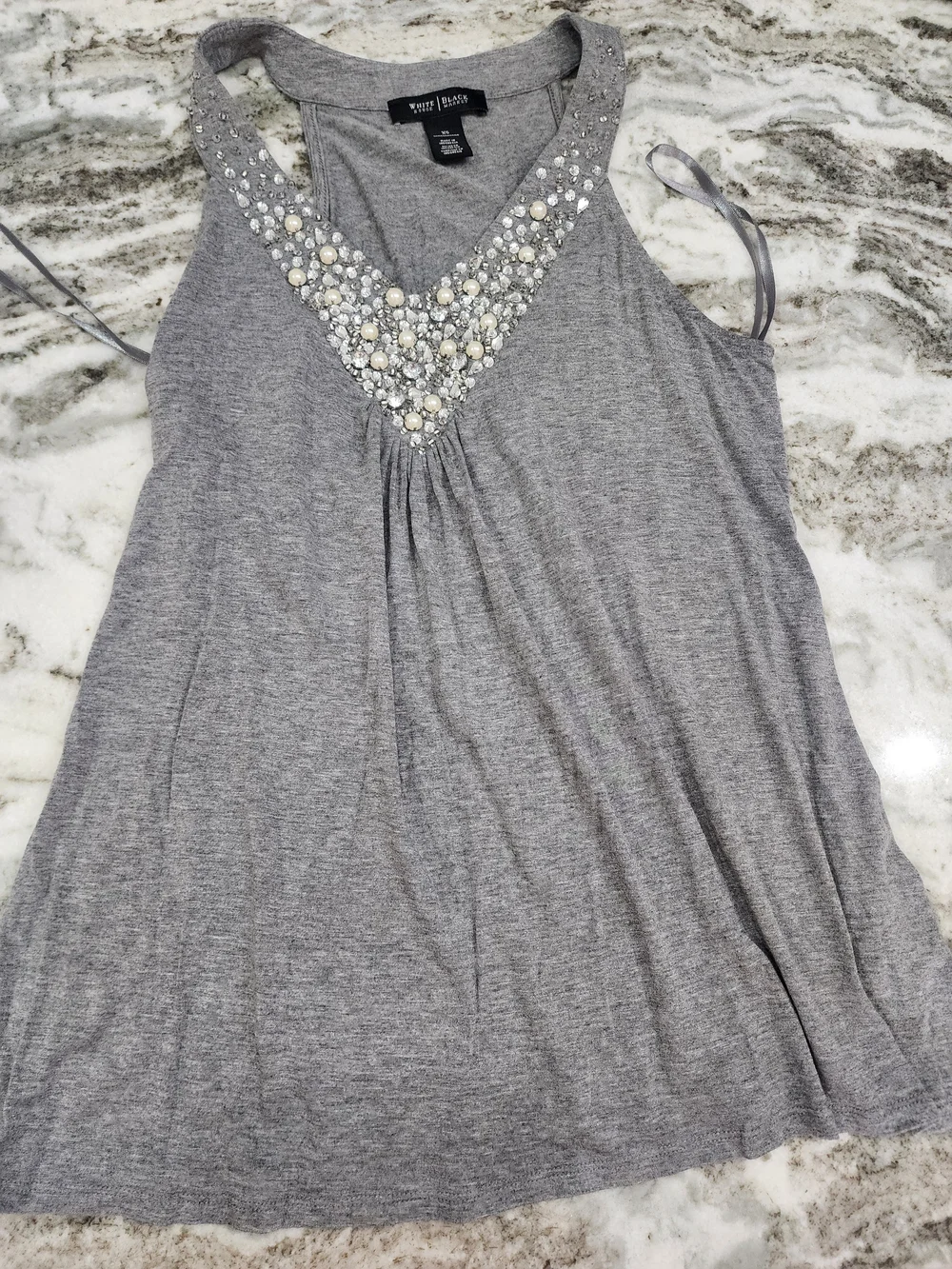White House Black Market Gray V-Neck Embellished Tank Top