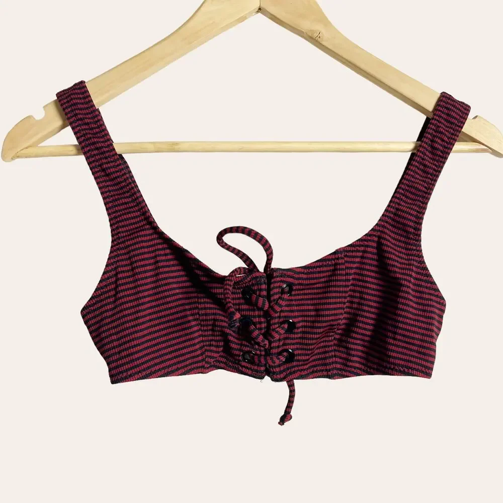 Staud x Solid and Striped Black Red Striped Lace Up Bikini Swimsuit Top S