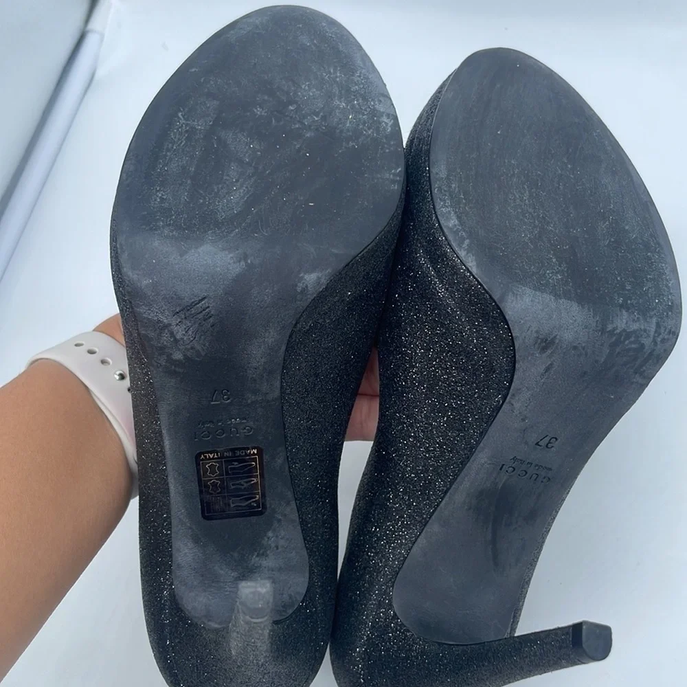 Gucci Black Leather silver glitter peep toe horsebit pumps 37