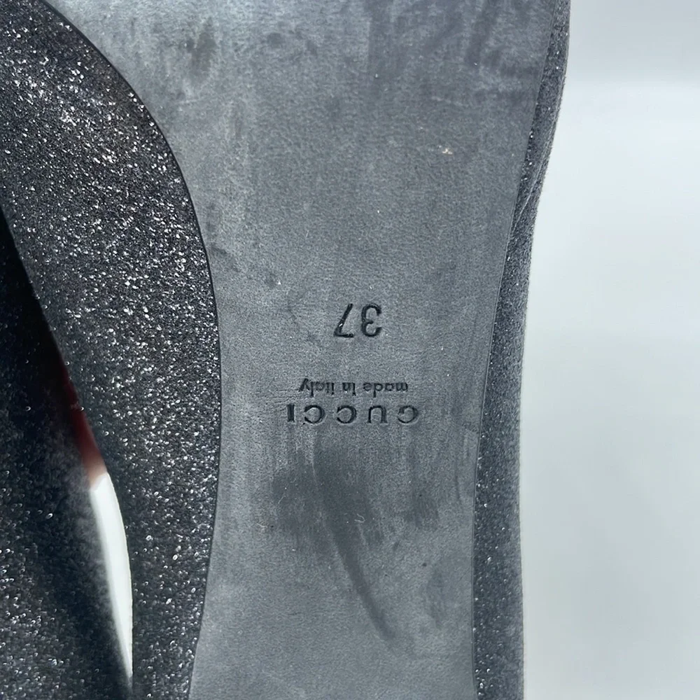 Gucci Black Leather silver glitter peep toe horsebit pumps 37