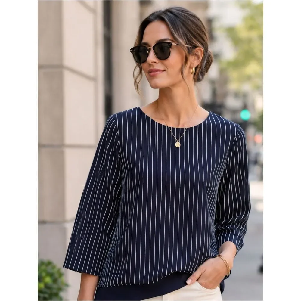 Anthropologie MELLODAY Navy and White Striped Top