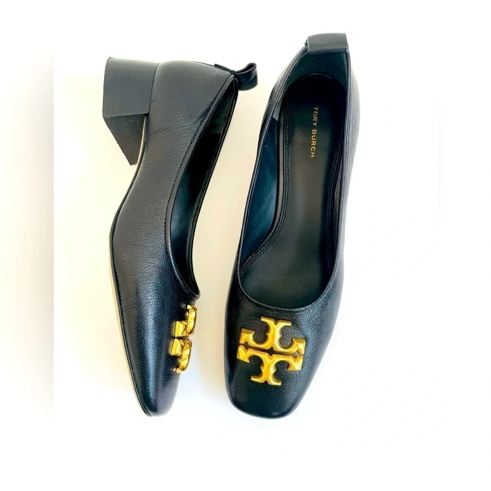 Tory Burch Black Leather Eleanor Logo Plaque square toe pumps 10.5