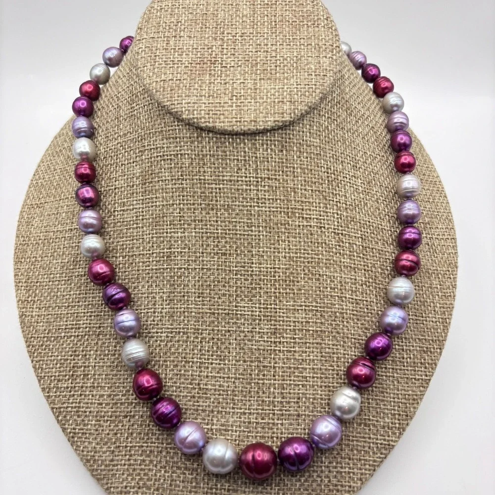 VTG Honora Ringed Pearl Necklace Sterling Clasp Multicolor Purple Berry Gray 20